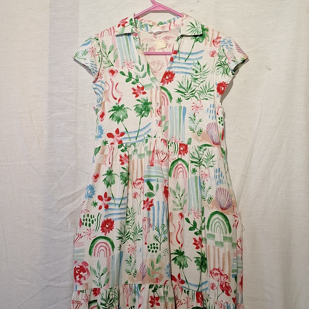 3/$20- Linen Rayon Floral & Palm Print Midi Dress, Sz 2, NWOT